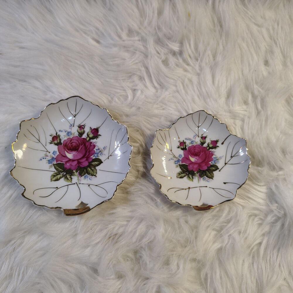 VTG Leaf Shaped Porcelain Trinket Dishes With Pink Roses And Gold Trim Japan